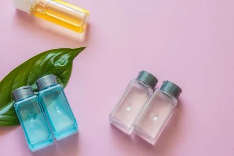 Spa cosmetics set. Copyspace for text. Top view. Flatlay on pink background. Stock Photos