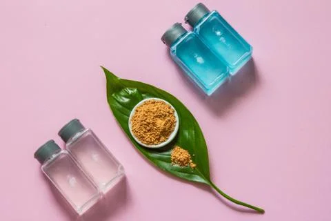Spa cosmetics set. Copyspace for text. Top view. Flatlay on pink background. Stock Photos