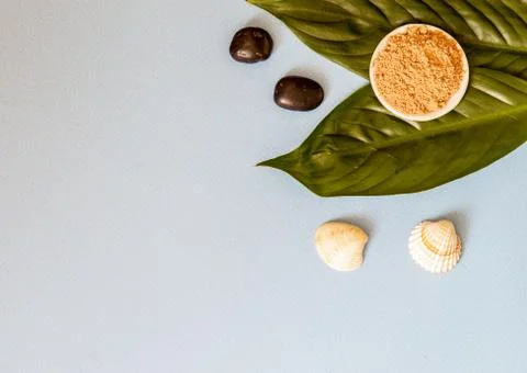 Spa cosmetics set. Copyspace for text. Top view. Flatlay on blue background. Stock Photos