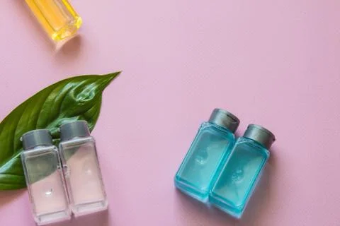 Spa cosmetics set. Copyspace for text. Top view. Flatlay on pink background. Stock Photos