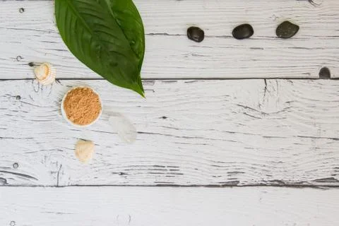 Spa cosmetics set. Copyspace for text. Top view. Flatlay on wooden background. Stock Photos