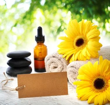 Spa elements with card over shiny tree leaves Stock Photos