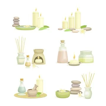 Spa elements set. Aromatic reed diffuser, burning candles, stone pebbles, lotus 스톡 일러스트