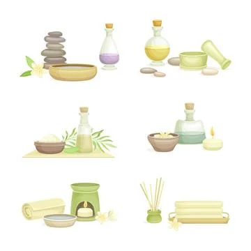 Spa elements set. Aromatic reed diffuser, burning candles, stone pebbles, towels 스톡 일러스트