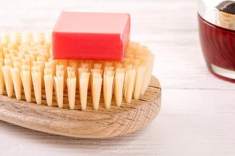 Spa essentials: brush, soap, and body lotion set for pampering and relaxation Stock Photos