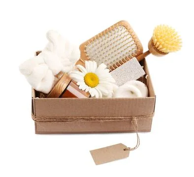 Spa gift set of different luxury products in cardboard box on white backgroun Stock Photos