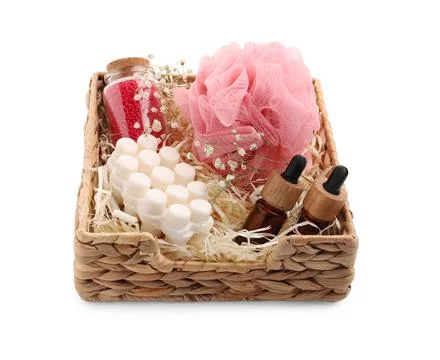 Spa gift set of different luxury products in wicker basket on white backgroun Stock Photos