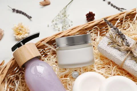 Spa gift set with different personal care products on white table, closeup Stock Photos