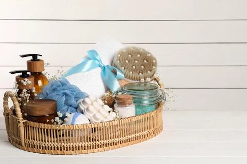 Spa gift set with different personal care products on white wooden table. Spa Stock Photos