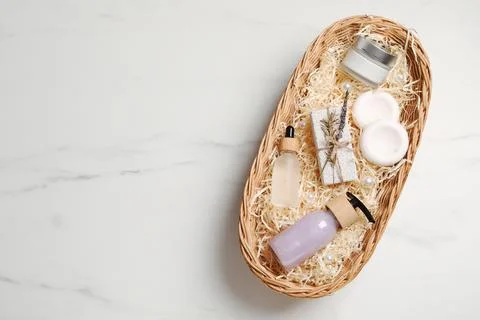 Spa gift set with different personal care products on white marble table, top Stock Photos