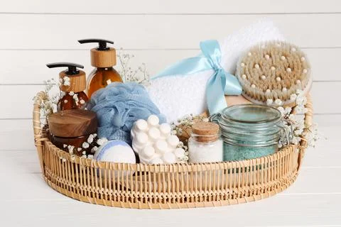 Spa gift set with different personal care products on white wooden table Stock Photos