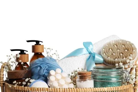 Spa gift set with different personal care products isolated on white Stock Photos