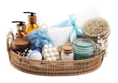 Spa gift set with different personal care products isolated on white Stock Photos