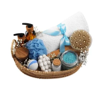 Spa gift set with different personal care products isolated on white Stock Photos