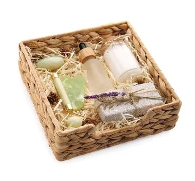 Spa gift set with different personal care products isolated on white Stock Photos