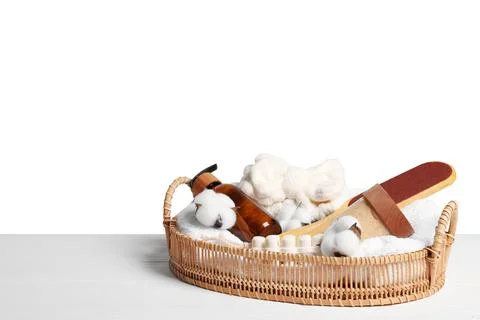 Spa gift set with different personal care products on white wooden table Stock Photos