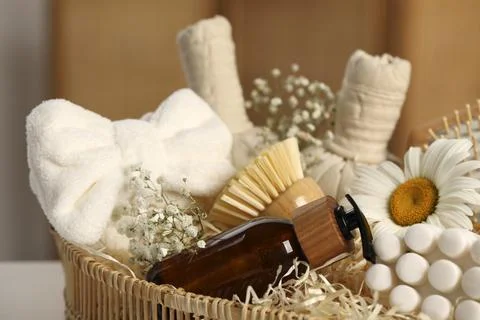 Spa gift set with different products in bathroom, closeup Stock Photos