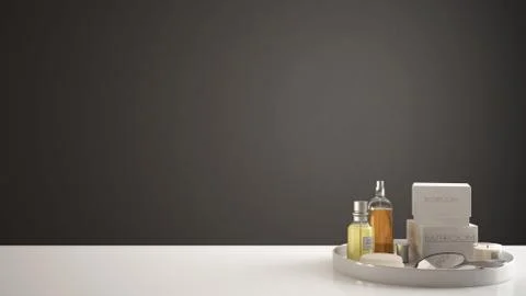 Spa, hotel bath concept. White table top or shelf with bathing accessories, t Stock Illustration