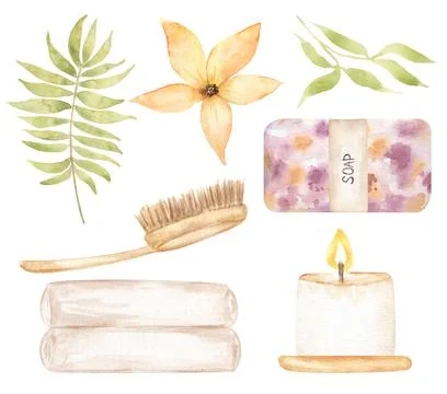 Spa illustration set. Bath accessories. A bar of soap, Candle and towel Illustrazione stock