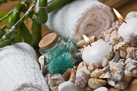 Spa items and seashells. Stock Photos