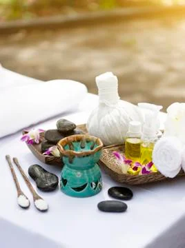 Spa kit set putting on the white spa bed preparation. Stock Photos