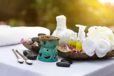 Spa kit set putting on the white spa bed preparation. Stock Photos