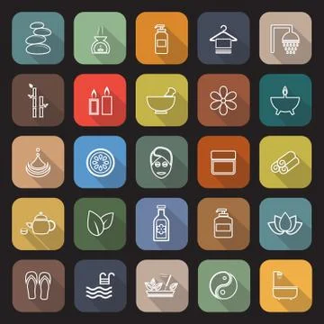 Spa line flat icons with long shadow Stock Illustration