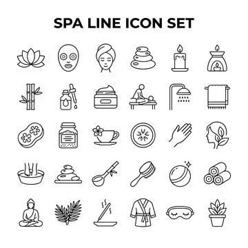 Spa line icon set featuring lotus, face mask, stacked stones, candle, aroma.. Stock Illustration