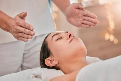 Spa, massage and reiki with head of woman for energy, chakra and spiritual Stock Photos