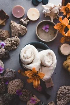 Spa natural concept. Dayspa cosmetics products. Spa and wellness setting. Stock Photos