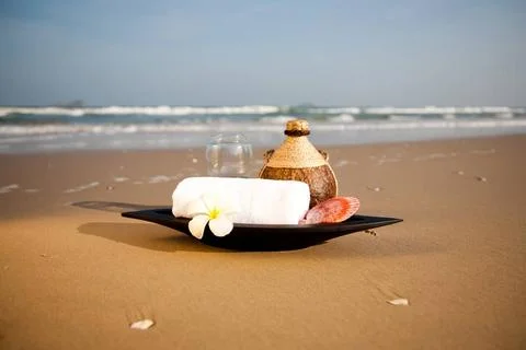 SPA objects on the beach SPA objects on the sea beach. SPA collection. Cop... Stock Photos