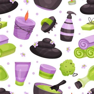 Spa objects seamless pattern. Cosmetology, beauty treatment and wellness endless Stock Illustration