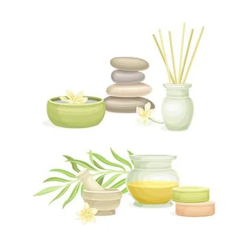 Spa objects set. Aromatic reed diffuser, pebble stones, oil. Beauty routine and Stock Illustration