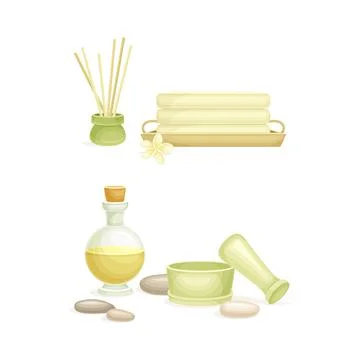 Spa objects set. Aromatic reed diffuser, towel, bottle of oil, mortar and pestle Stock Illustration