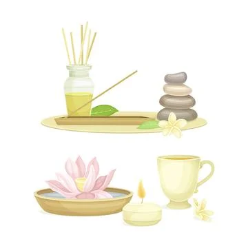 Spa objects set. Aromatic reed diffuser, pebble stones, lotus flower, burning Stock Illustration