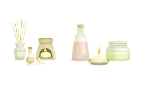 Spa objects set. Aromatic reed diffuser, burning candle. Beauty routine and skin Stock Illustration
