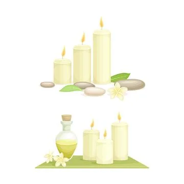 Spa objects set. Bottle of oil, burning candles. Beauty routine and skin care Stock Illustration