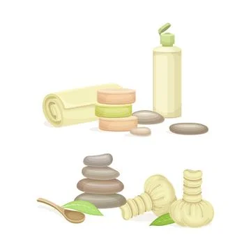 Spa objects set. Pebble stones, bottle of lotion, towel. Beauty routine and skin Stock Illustration
