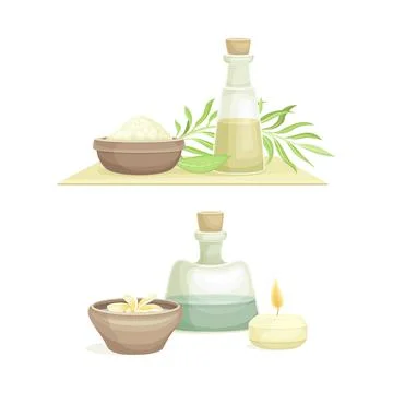Spa objects set. Sea salt, oil, aroma candle. Beauty routine and skin care Stock Illustration