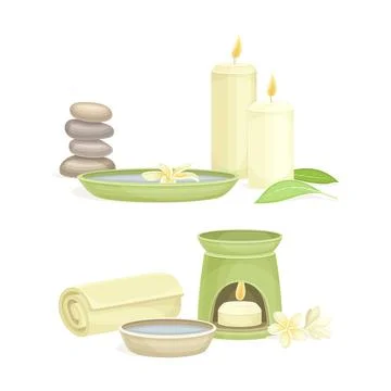 Spa objects set. Smooth pebble stones, towel, aroma candle. Beauty routine and Stock Illustration