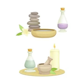 Spa objects set. Smooth pebble stones, mortar and pestle, aroma candle. Beauty Stock Illustration