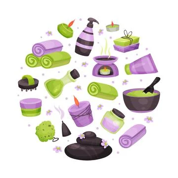 Spa objects in shape of circle. Spa, wellness and beauty banner, poster, card Stock Illustration