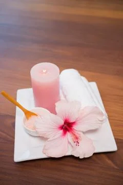 Spa objects on wooden floor Stock Photos