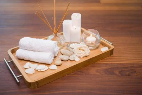 Spa objects on wooden floor Stock Photos