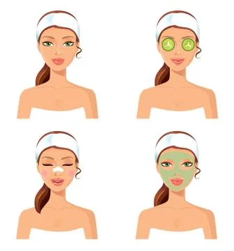Spa procedure. Vector illustration of a beautiful women with facial mask care Stock Illustration