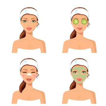 Spa procedure. Vector illustration of a beautiful women with facial mask care Stock Illustration