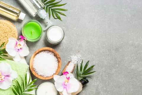 Spa product composition on stone table. Stock Photos