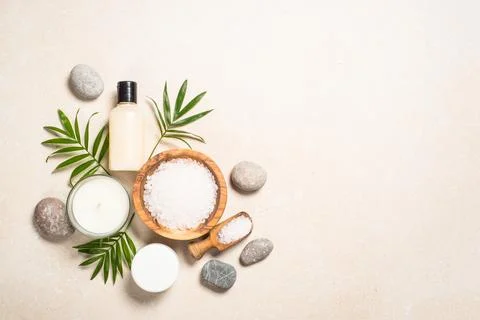 Spa product composition on stone table. Stock Photos