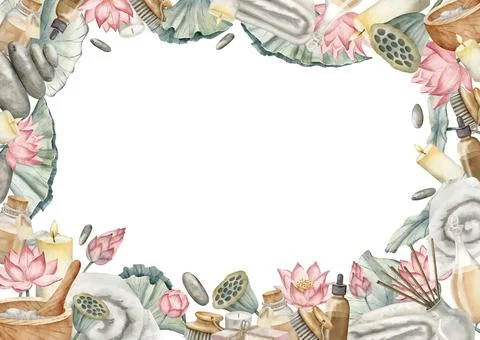 Spa rectangular horizontal Frame with Lotus Flowers and vintage toiletries. Hand Stock Illustration
