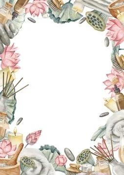 Spa rectangular vertical Frame with Lotus Flowers and vintage toiletries. Hand Stock Illustration